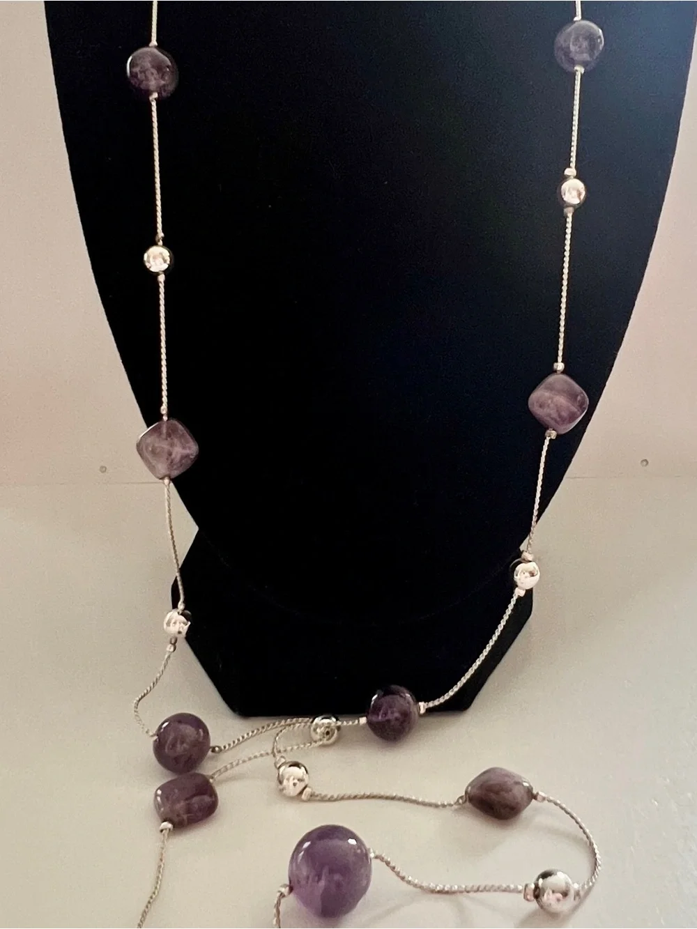 Amethyst Long Station Flapper Style Necklace Purple Polished Beads Silver Tone